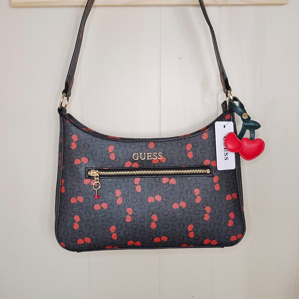 Guess Monogram And Cherry Design Shoulder Bag W/ Cherry Charm & Zipper